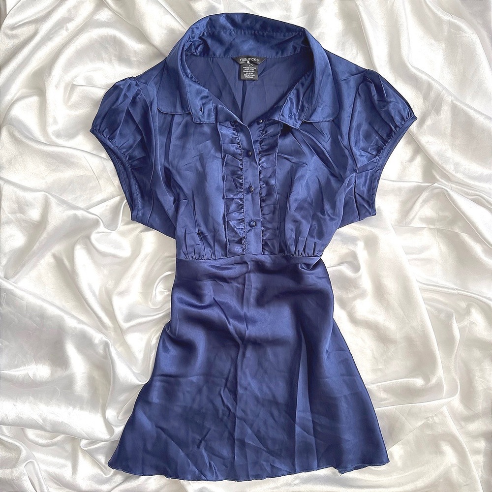 Maurices Navy Blue Satin Ruffle Button Down Empire Waist Blouse Large
